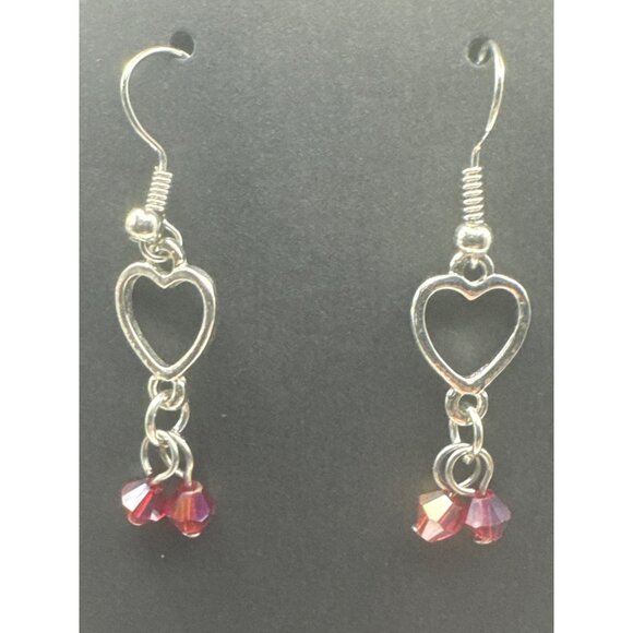 Heart Charm Necklace and Earrings Set Silver Tone with Red Beads f - Picture 3 of 5
